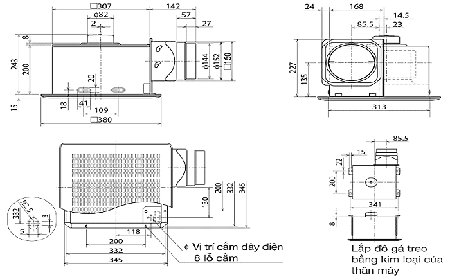 kích thước quạt hút mùi âm trần